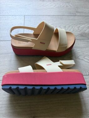 Reef Women's Cream Strap Platform Sandals with Pink Midsole and Blue Outsole